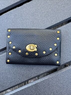Coach Black Pebbled Leather Card Wallet with Gold Stud Accents